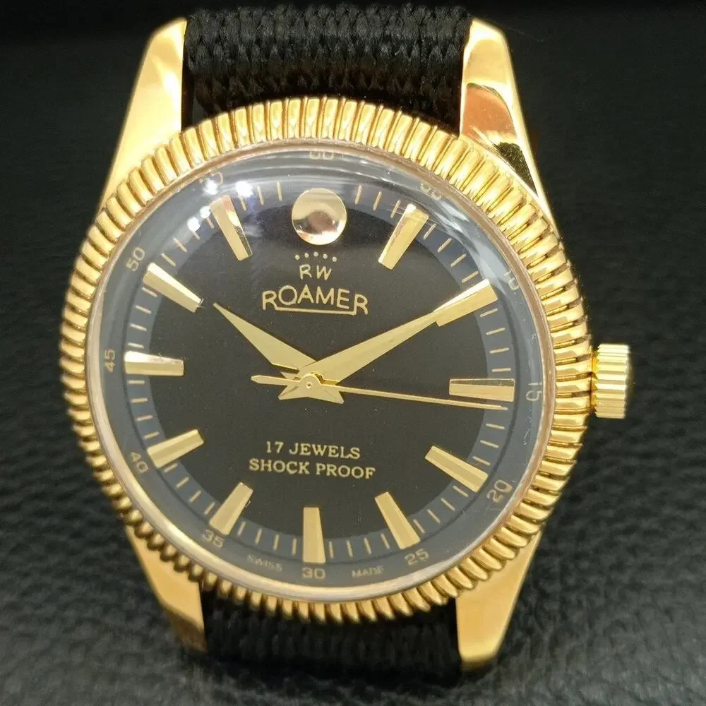 Vintage 1991 Roamer Manual Mens Gold Watch W/Nato Strap & Black accents